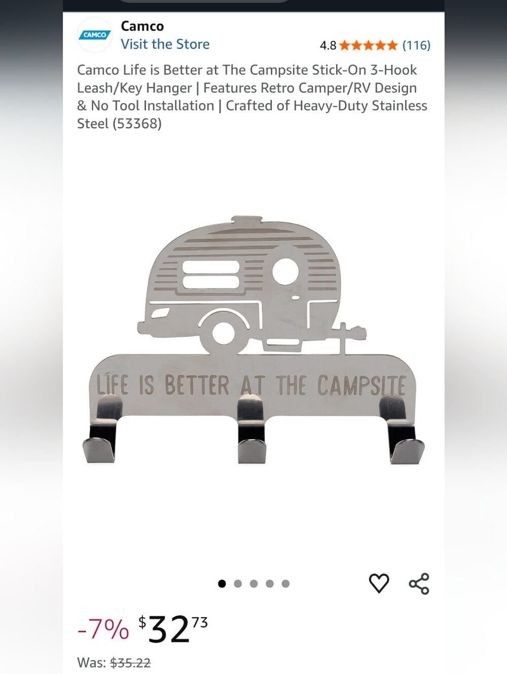 Stainless Steel Camper Wall Hook Rack - "Life Is Better at the Campsite"